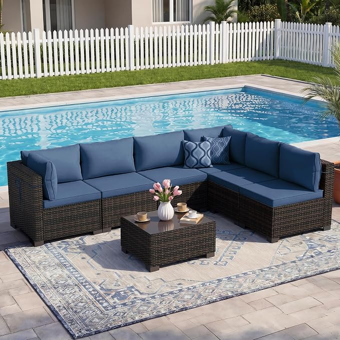 LEVELEVE 7-Piece Outdoor Patio Furniture Sets, Manual Weaving Rattan Conversation Sectional Sofa with Tempered Glass Coffee Table, All-Weather PE Wicker & Thick Cushions for Garden, Backyard, Porch