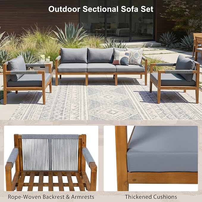 JIVOIT 3 Pieces Outdoor Rope Woven Sectional Sofa Set, Solid Acacia Wood Patio Conversation Set with Three-Seater Sofa and 2 Armchairs, Removable Cushions for Backyard, Deck and Poolside (Grey/24)