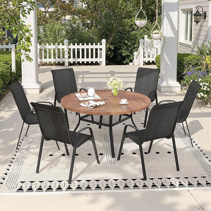 7 Pieces Outdoor Dining Set, 47.3" Spliced Patio Table with Umbrella Hole & Stackable Outdoor Dining Chairs, Patio Furniture Set for Deck Garden Porch, Black Chairs & Walnut Table