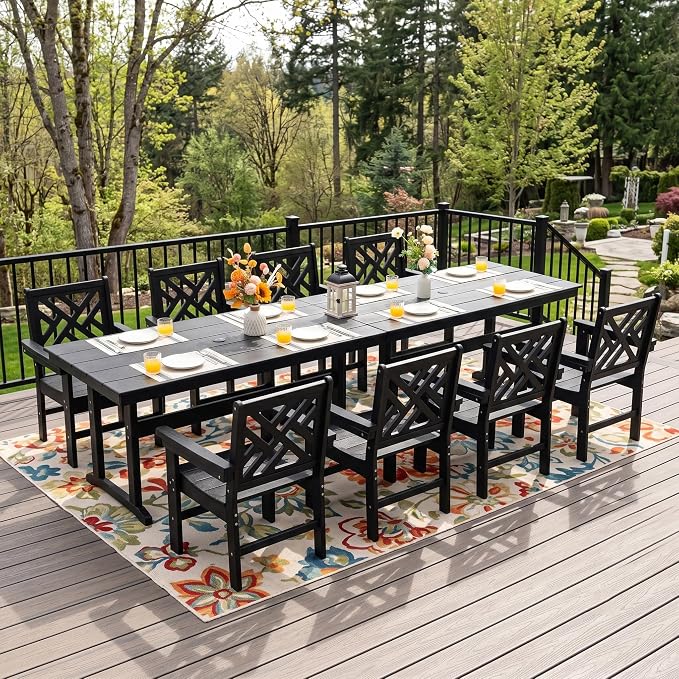 HDPE Dining Table Set for 8,10-Piece Outdoor Table and Chairs Include 8 Dining Chairs and 2 Pcs 62.5" Patio Dining Table with Umbrella Hole (Black)