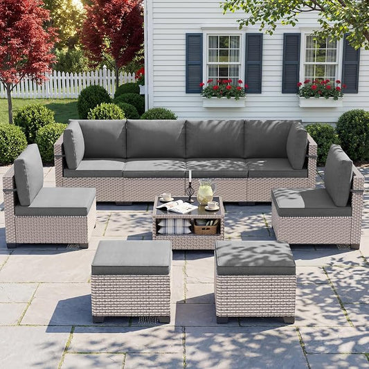 Patio Furniture Set, 9-Piece Outdoor Sectional Sofa with Ottomans & 2-Layer Glass Coffee Table, Wicker Patio Conversation Set with Gray Cushions for Poolside