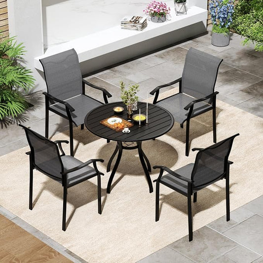 LVUYOYO 5-Piece Outdoor Patio Dining Set, Textilene Dining Chairs & Round Table Set, All-Weather Table and Chairs Set with Umbrella Hole for Backyard, Garden,Balcony,Porch (Gray)