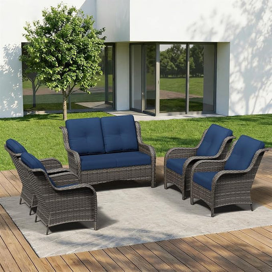 5 Piece Outdoor Wicker Patio Furniture Set, Patio Chairs Set with Thickened Olefin Cushions, High Back and Deep Seating, Hand-Woven PE Rattan for Porch, Deck