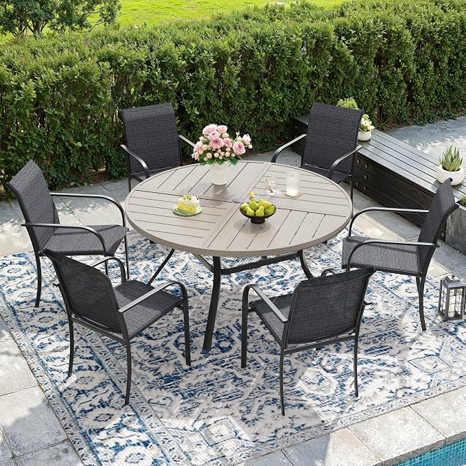 DIFY Patio Dining Set for 6, 7 Piece Outdoor Table and Chairs Set, 47.2" Grey Wood-Like Round Metal Patio Dining Table and 6 Grey Textilene Stackable Patio Chairs, for Backyard Garden Poolside