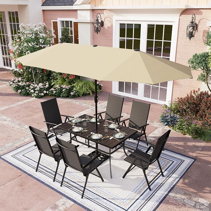 PHI VILLA Patio Dining Set with Umbrella, Outdoor Dining Set with 6 Adjustable Adjustable Folding Chairs(Black) & Beige Patio Umbrella for Backyard Deck Garden (No Umbrella Base)