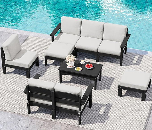 SERWALL 9 Pieces Patio Furniture Set, HDPE Outdoor Sectional Sofas, Outdoor Couch Set with Cushions and Coffee Table, Extra-Large Modular Conversation Set for Garden, Black Frame with Khaki Cushion