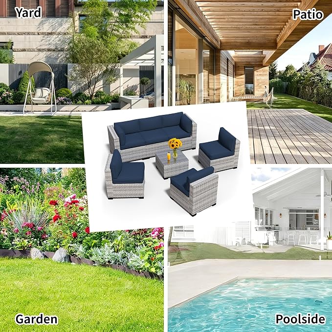 7 Pieces Outdoor Patio Furniture Set, Wicker Modular Sectional Sofa, All Weather Conversation Sets with Glass Table for Yard, Garden, Poolside, Off-White Rattan & Navy Blue Cushions