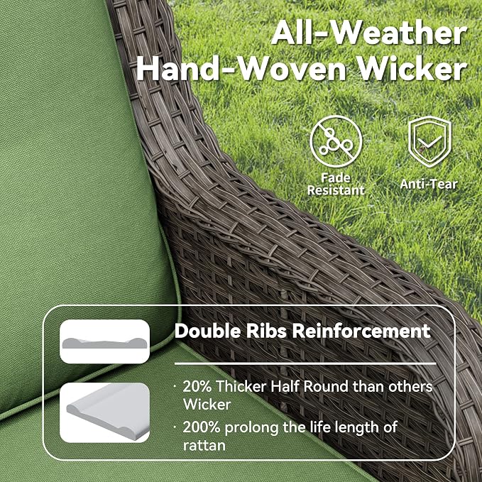 Swivel Rocker Patio Chairs Set of 2 - Outdoor Wicker Patio Furniture Set 2 Pieces with Thickened Olefin Cushions, High Back and Deep Seating, Hand-Woven PE Rattan for Porch, Deck, Green