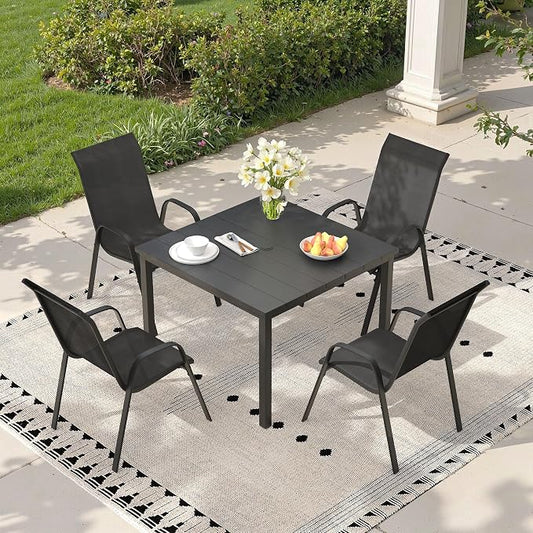 5 Pieces Outdoor Dining Set, 40.2" Square Table with Umbrella Hole & Stackable Patio Dining Chairs, Patio Table and Chairs Set for Deck Garden Porch, Black Chairs & Black Table