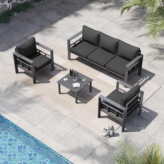 4 Piece Aluminum Patio Furniture Set, Thick Cushions, Aluminum Outdoor Sectional Conversation Set with Coffee Table for Porch, Backyard, Deck, Garden(Grey/Dark Grey-2)