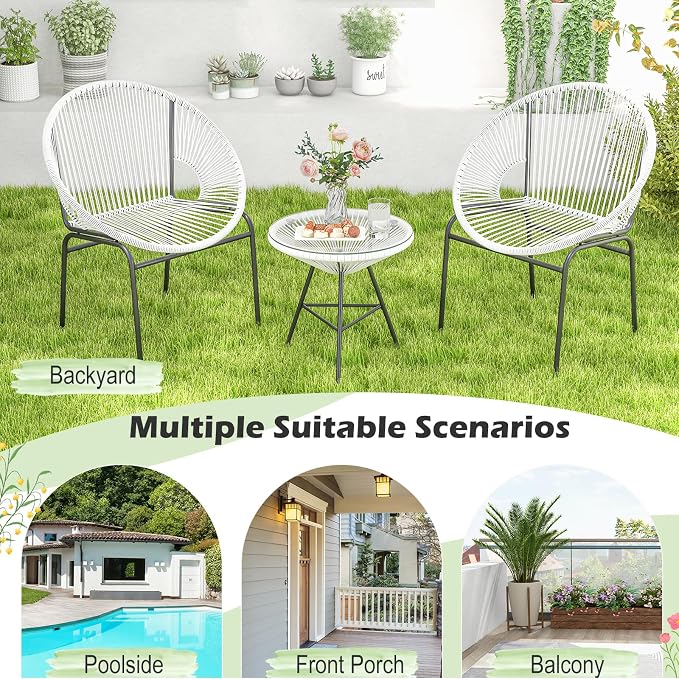 COSTWAY 3-Piece Outdoor Acapulco Chair Set, Wicker Conversation Bistro Sets with Plastic Rope, Glass Top Table, Patio Rattan Furniture Set for Garden, Balcony, Lawn, Backyard, Apartment, White
