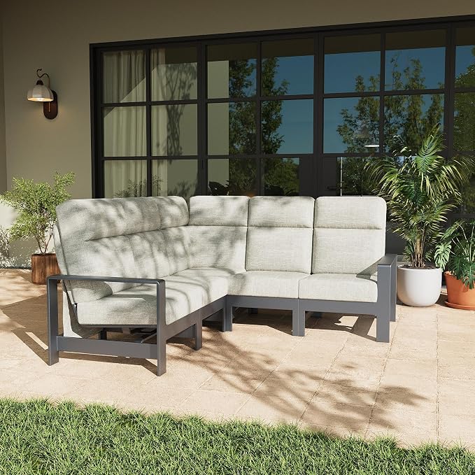 LayinSun 5-Piece Patio Furniture Set, Outdoor Aluminum Conversation Set with 6" Thick Cushions, Modern Sectional Sets for Balcony Backyard Pool