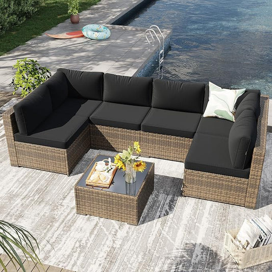LazySunsets 7 Piece Outdoor Patio Furniture Set with Coffee Table, Outdoor Patio Furniture Sets with 4'' Thicken Cushion, Wicker Rattan Outdoor Conversation Set for Backyard, Black
