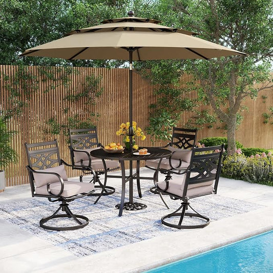 MFSTUDIO Patio Dining Set, 42" Round Metal Table, Swivel Chairs, Beige | Umbrella Included, Umbrella Base Not Included, All-Weather Use