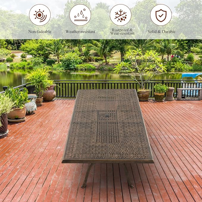 87" Rectangular Cast Aluminum Outdoor Dining Table, Elegant Bronze Patio Table for 8 with Strawberry & Leaf Design, 2" Umbrella Hole, Rustproof & Weather-Resistant Furniture for Garden