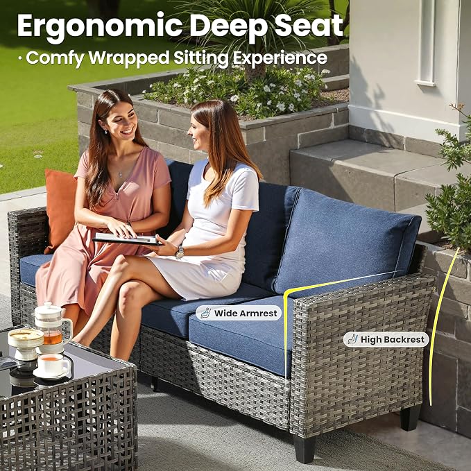 ovios 5 Pieces Patio Furniture Set, Outdoor Wicker Sofa Couch with Swivel Glider Chairs Solar Lights Table, Modern Deep Seat Rattan Conversation Sets for Deck Porch, Denim Blue