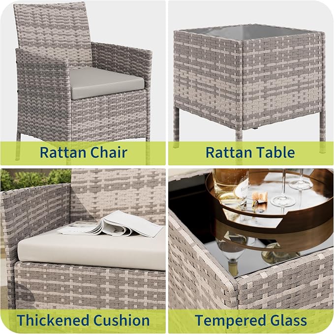 PeakPursuit 3 Pieces Patio Furniture Set, PE Rattan Wicker Patio Set with Soft Cushion and Glass Coffee Table, Upgraded Outdoor Patio Chairs and Table for Garden Poolside Balcony, Grey