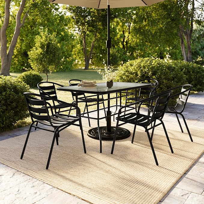 Flash Furniture Lila 7-Piece Glass Patio Table and Chairs Set, Outdoor Patio Dining Set with Rectangular Table and 6 Slat Back Patio Chairs, Black | Umbrella Hole, 55 in Tempered Glass, Aluminum Slat Back Stack Chairs