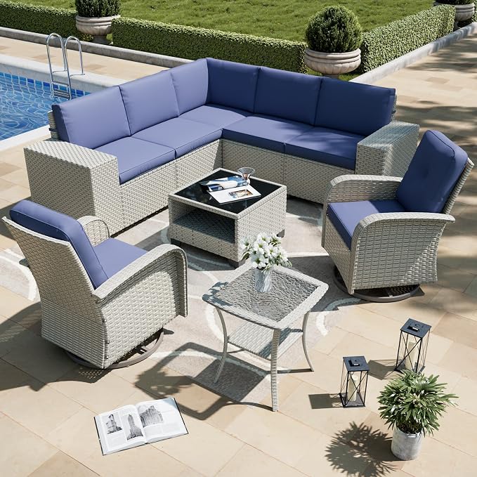 9-Piece Outdoor Patio Furniture Set, Modular Sectional Sofa Set with Swivel Rocker Chairs, Wicker Outdoor Couch Conversation Sets w/Coffee Table and Cushions, Blue