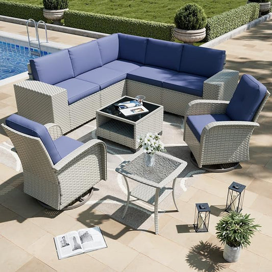 9-Piece Outdoor Patio Furniture Set, Modular Sectional Sofa Set with Swivel Rocker Chairs, Wicker Outdoor Couch Conversation Sets w/Coffee Table and Cushions, Blue