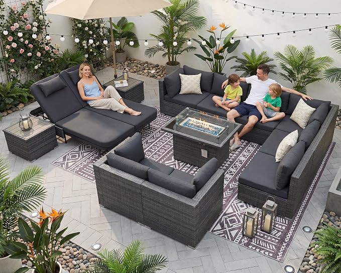 NICESOUL 13 Piece Patio Furniture Set with Fire Pit, 29.3'' High Back Outdoor Patio Set with Fire Pit & Chaise Lounge, Large Modular Outdoor Grey Wicker Sofa 500 lbs Heavy Duty for Deck, Pool