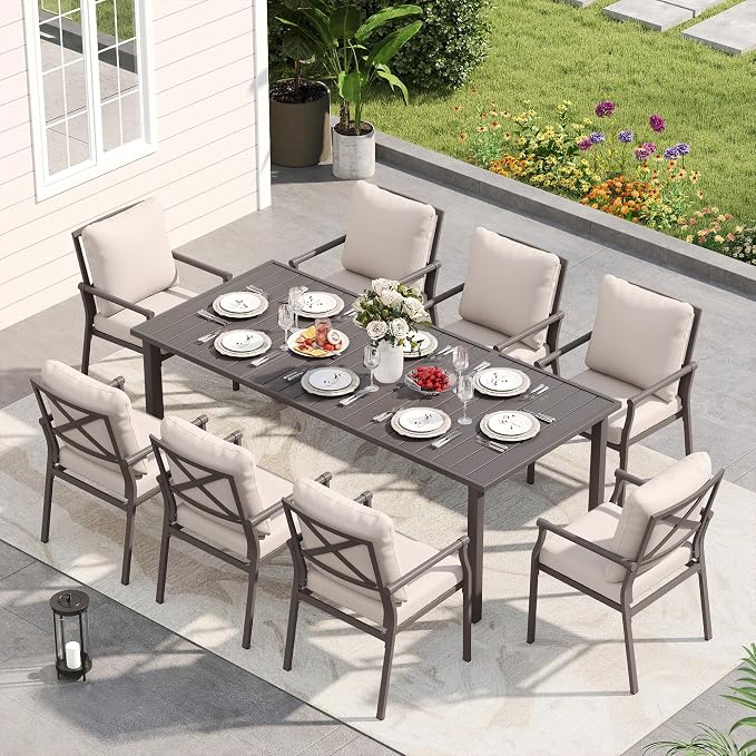 HAPPATIO Patio Dining Set, Metal Outdoor Table and Chairs Set for 8, Powder-Coated Metal Chairs with Thickened Cushions, 60" Rectangular Table with 1.5" Umbrella Hole for Deck Yard Lawn
