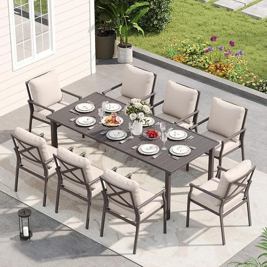 HAPPATIO Patio Dining Set, Metal Outdoor Table and Chairs Set for 8, Powder-Coated Metal Chairs with Thickened Cushions, 60" Rectangular Table with 1.5" Umbrella Hole for Deck Yard Lawn