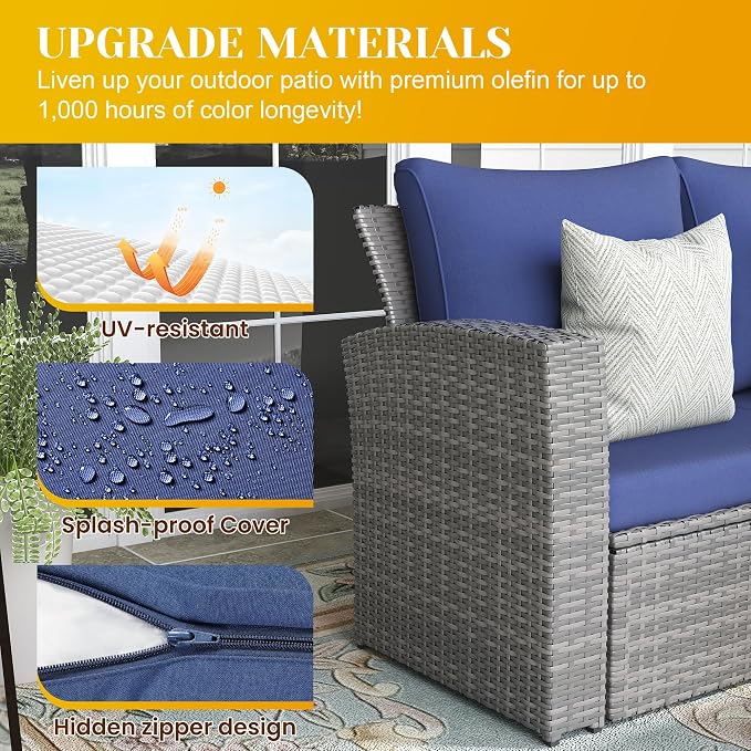 FansaFurn 4-Piece Outdoor Patio Furniture Set, All Weather Wicker Rattan Sectional Sofa Conversation Seating Set with Cushions & Large Glass Coffee Table, Ideal for Garden Backyard Porch, Blue