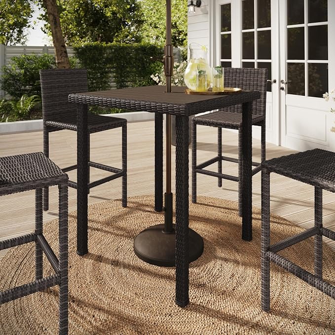 Martha Stewart Bedford 37” Square Indoor-Outdoor Patio Bar Height Table with Faux Wood Top and Rattan Wicker Finish in Brown