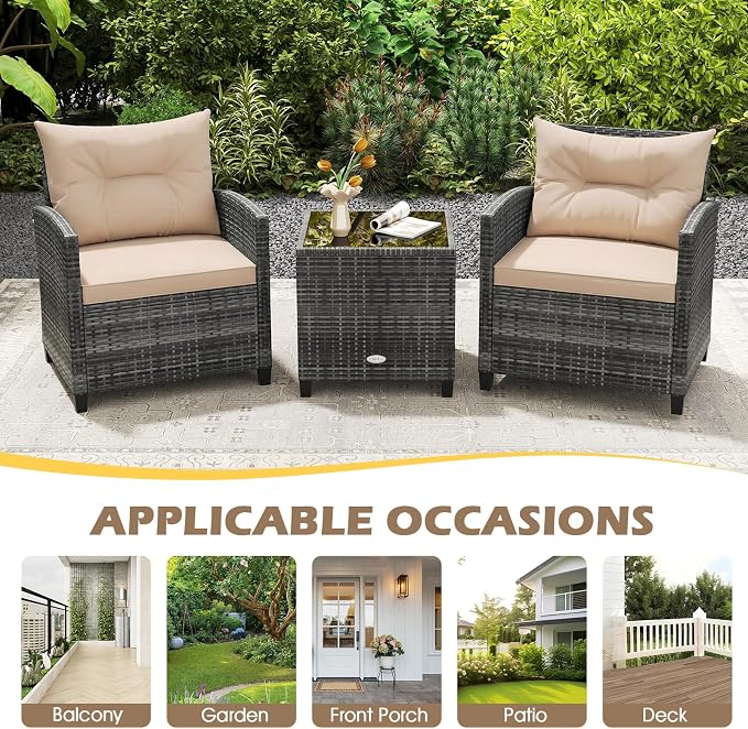RELAX4LIFE 3 Piece Patio Furniture Set, Wicker Bistro Conversation Set w/2 Cushioned Armchairs & Glass Topped Table, Outdoor Rattan Sofa Set Patio Furniture for Porch Balcony Poolside (Grey-Beige)
