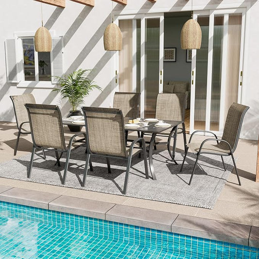 Amopatio 7 Pieces Patio Dining Set for 6, Outdoor Table and Chairs, 6 All Weather Stackable Patio Chairs, 59" Patio Spliced Rectangular Table with Umbrella Hole, for Deck, Backyard, Garden,Brown