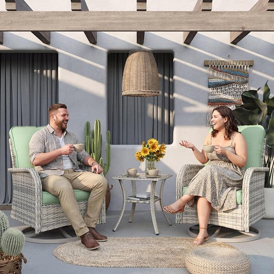 Patio Rocking Swivel Chair Outdoor Wicker Rattan Bistro Set with Tempered Glass Side Table, Outdoor Patio Furniture Set for Garden, Deck, and Balcony, Light Green