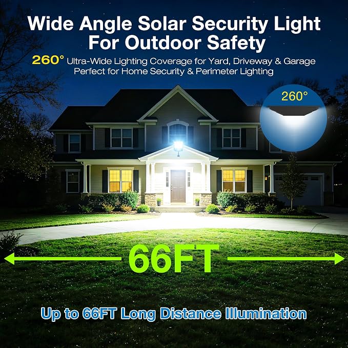 Solar Lights Outdoor, 6500K Motion Sensor Security Lights, 4-Pack | IP66 waterproof with dusk to dawn lighting, motion sensor and remote control for yards, parking lots, courtyards and garages