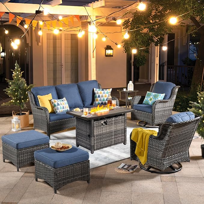 ovios 7-Pieces Patio Furniture Set with 42" Fire Pit Table Swivel Chairs, Outdoor Wicker Sofa Couch Gliders Rocker, High Back Modern Conversation Set, Grey Rattan, Denim Blue