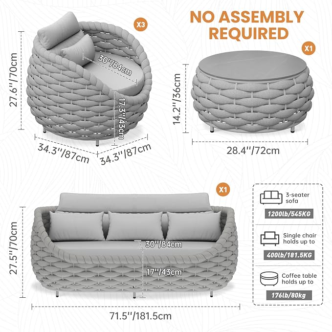 Aluminum Outdoor Patio Couch Set: 5 Pieces Woven Rope Porch Furniture Sofa Set - Metal Modern Deck Conversation Set - All Weather Assembled Courtyard Seating for Backyard Pool Hotel Resort, Grey