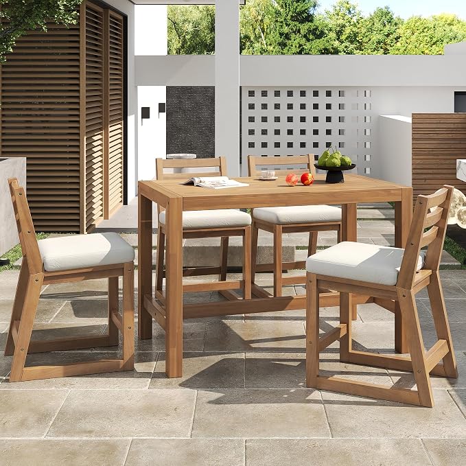 5-Piece Outdoor Patio Counter Height Dining Set, Acacia Wood Bar Table and Ergonomic Chairs with Removable Cushion, All-Weather Bistro Set Conversation Set with Slatted Tabletop (Light Teak-2.10)