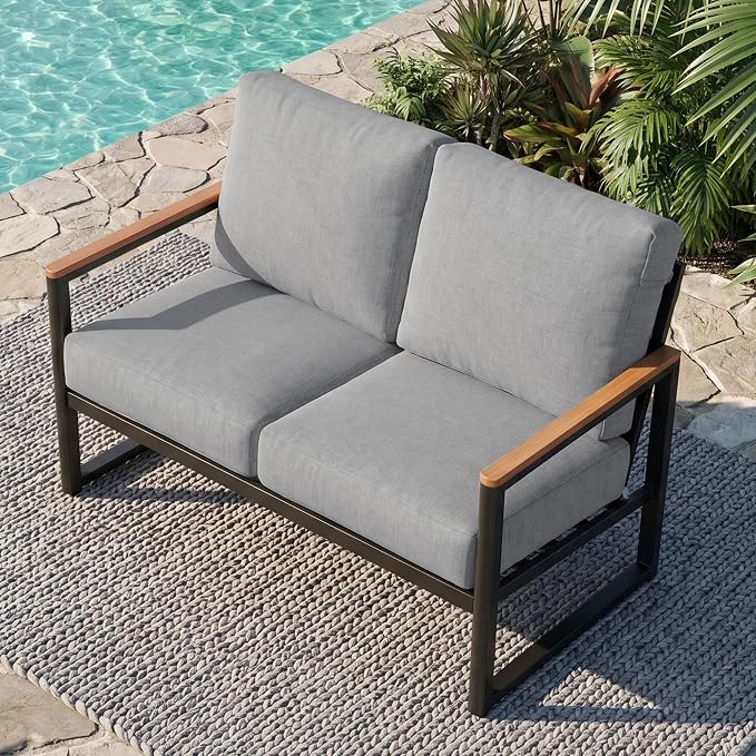NATURAL EXPRESSIONS Aluminum Patio Loveseat Sofa, Outdoor Couch Furniture with Fauxwood Armrest, 6" Olefin Cushion, All-Weather Outside Couch for Porch, Yard, Balcony, Deck