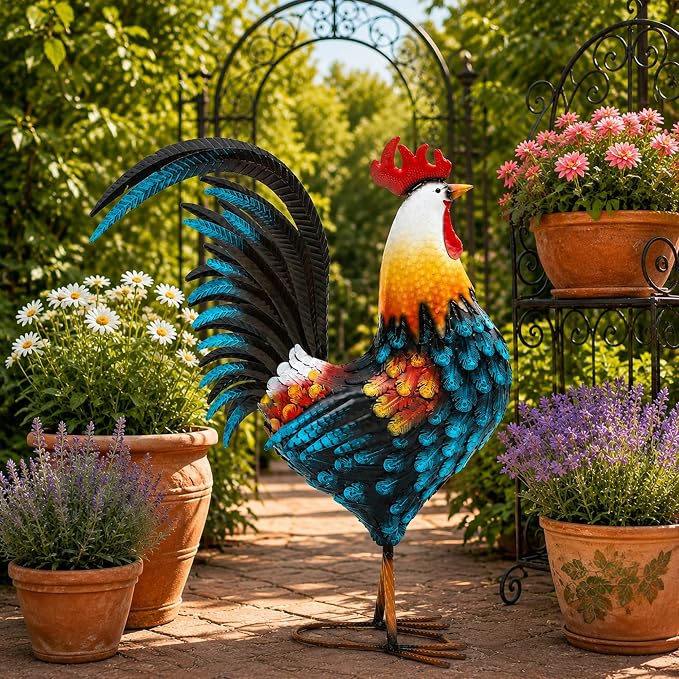 32" Majestic Metal Rooster Yard Decor, Large Outdoor Garden Statue | Outdoor Chicken Sculpture, 3D Hand-Painted, Rustic Farmhouse Style, Weather-Resistant Iron, Backyard Patio Lawn Garden