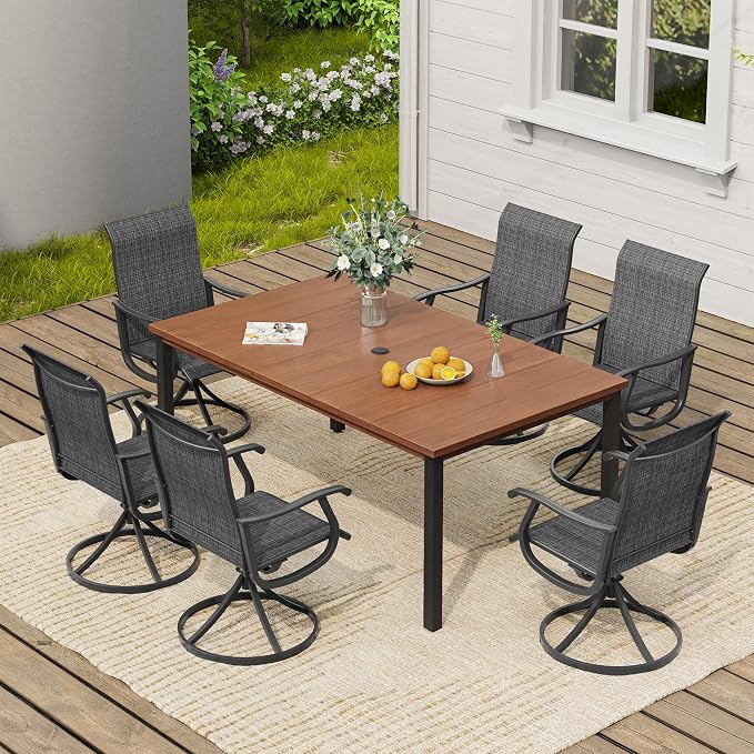VICLLAX 7 Pieces Patio Dining Set, Patio Furniture Set of 6 Patio Swivel Dining Chairs and Rectangular Patio Table, Dark Charcoal Chairs & Walnut Tabletop