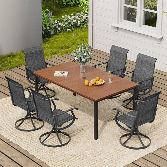 VICLLAX 7 Pieces Patio Dining Set, Patio Furniture Set of 6 Patio Swivel Dining Chairs and Rectangular Patio Table, Dark Charcoal Chairs & Walnut Tabletop