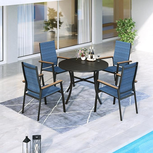 MFSTUDIO 5 PCS Outdoor Dining Set, Round Table & Aluminum Chairs, Blue | Stackbale textilene chairs, Light-weight & space-saving, Square Table, Umbrella Hole, Patio deck, 4 person