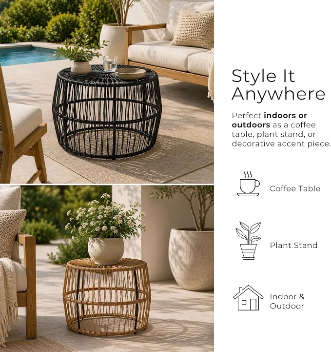 Furniture of America Ysar Boho Rattan Round Coffee Table Outdoor with Metal Frame, All-Weather and Rust Resistant, Handcrafted Coastal Furniture for Patio, Poolside, Garden, Yard, Natural Brown