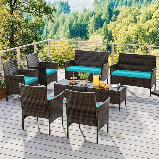 KOTEK 8 Piece Patio Furniture Set, Outdoor Rattan Conversation Set with Loveseat, Wicker Chairs, Tempered Glass Coffee Table, Wicker Patio Set for Backyard, Porch (Turquoise)
