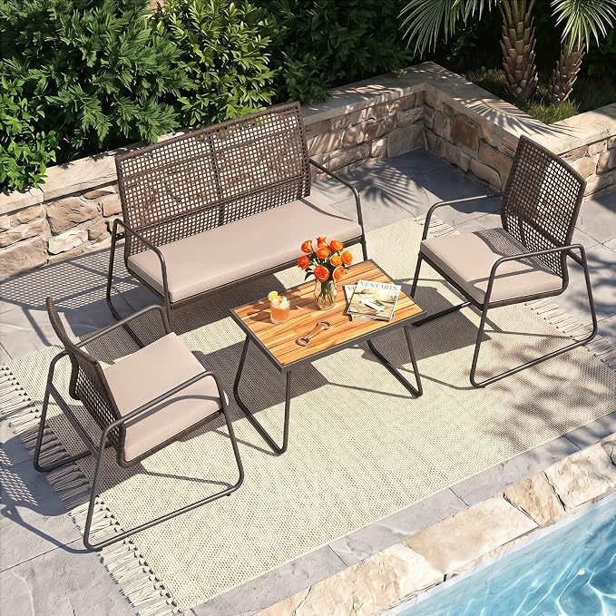 Tangkula 8 Pieces Patio Furniture Set, PE Wicker Rattan Conversation Set with Acacia Wood Coffee Table & Zippered Cushions, Outside Seating Set for Backyard, Garden & Deck (Beige, 8 Pcs)