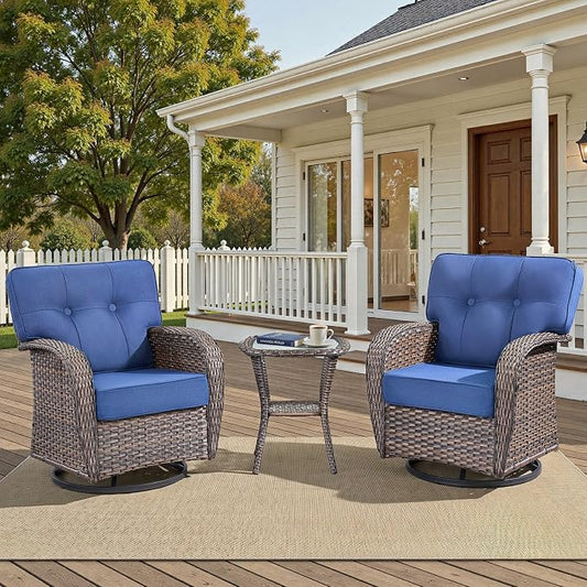 3-Piece Wicker Patio Furniture Set with 5-Inch Thick Cushions Weather Resistant Rattan High Back Swivel Rocker Chairs Senior Friendly Conversation Set for Small Porch Deck Sunroom Brown/Blue