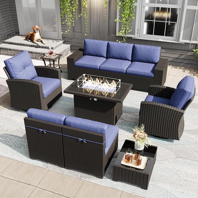 LayinSun 10 Pieces Patio Furniture Set with Fire Pit Table, Black Rattan Modular Sectional Outdoor Conversation Sofa Set, Swivel Rocking Chairs Set