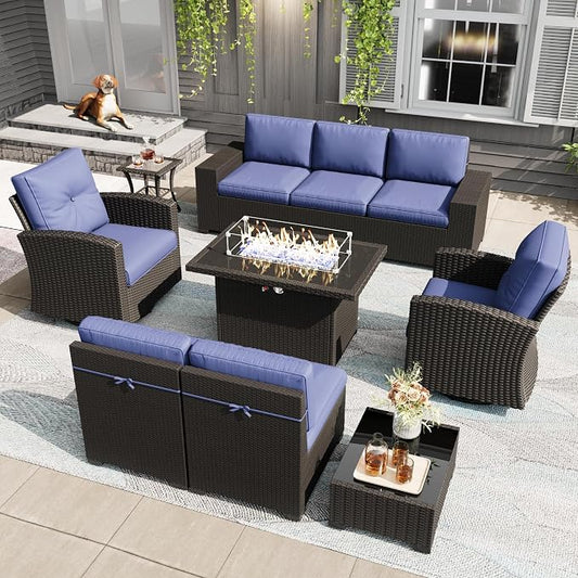 LayinSun 10 Pieces Patio Furniture Set with Fire Pit Table, Black Rattan Modular Sectional Outdoor Conversation Sofa Set, Swivel Rocking Chairs Set