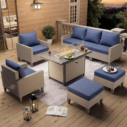 8 Pieces Patio Furniture Set with Fire Pit Table and Ottomans, Modern Outdoor Sectional Sofa with Comfy Cushions, Modular Wicker Rattan Patio Conversation Set, Navy
