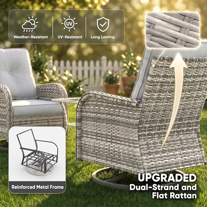 11-Piece Small Patio Furniture Set, Outdoor Swivel Rocking Chairs Set with Ottomans, Patio Bistro Set for Balcony, Deck, Porch, Grey