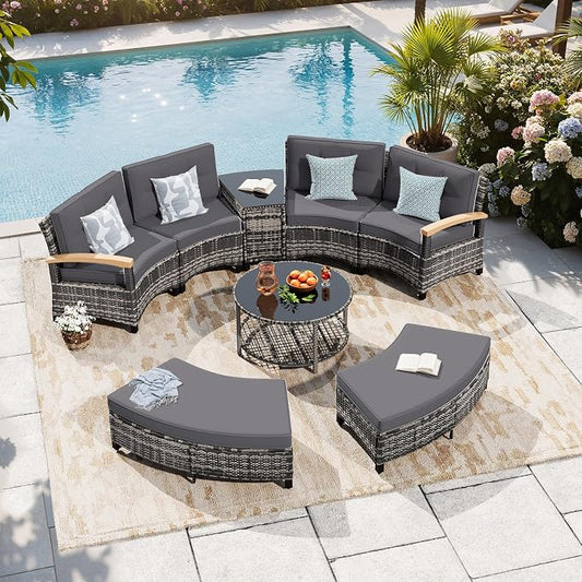 MEISSALIVVE 8-Piece Half-Moon Curved Outdoor Patio Furniture Set, Sectional Conversation Sofa with 2 Half-Moon Ottomans, Coffee & Side Tables for Backyard Deck Garden, Grey